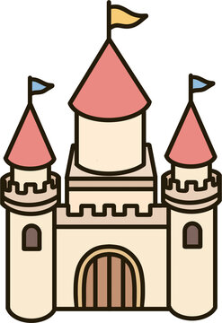 Fairytale castle gate vector illustration, cute kingdom castle icon with flags