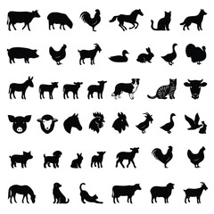 Fototapeta premium Black Silhouettes Collection of Farm Animals and Domestic Pets Icons