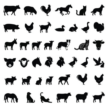 Black Silhouettes Collection of Farm Animals and Domestic Pets Icons