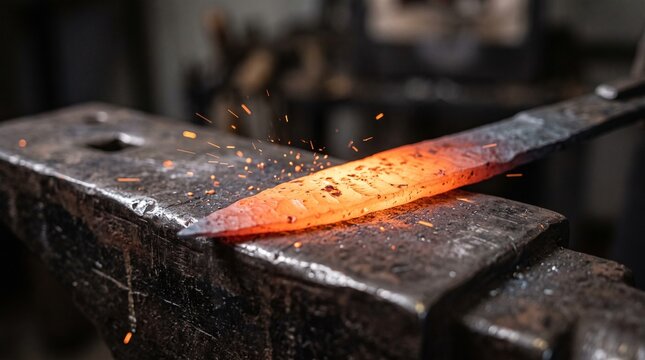 Glowing red hot forged metal blade resting on a heavy steel anvil emitting sparks inside a dark blacksmith workshop, depicting traditional metalworking, blade crafting, and blacksmithing