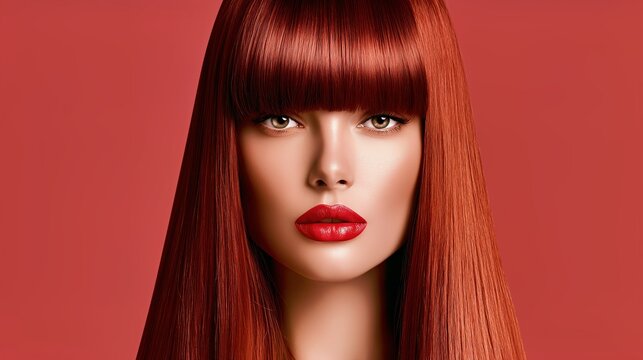 Red-haired woman with sleek straight copper hair and blunt bangs in a bold studio beauty portrait, designed for cosmetics advertising.

