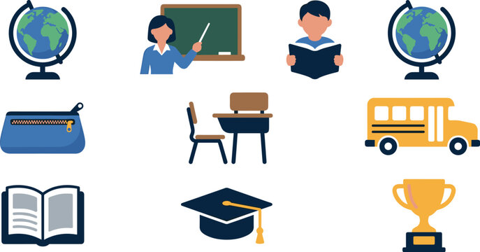 School and education flat vector icon set featuring classroom learning symbols graduation cap teacher and student study elements