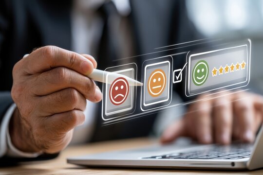 A businessman evaluates customer satisfaction using a glowing digital rating interface with smileys. Perfect for business feedback and service quality concepts.