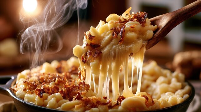 Steaming traditional kasespatzle pasta in a cast iron pan lifted with a wooden spoon showing melted cheese strings. Ideal for hearty comfort food promotions.