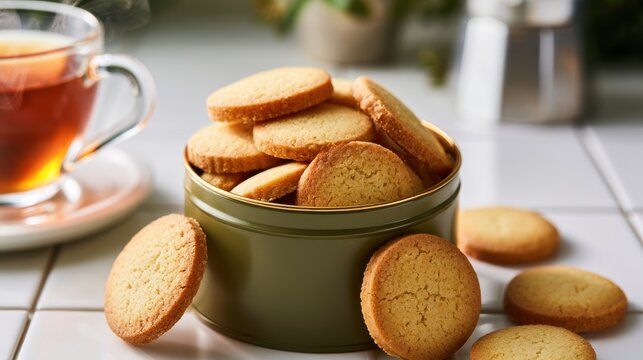 Freshly baked shortbread cookies stacked in a green tin box next to a warm cup of tea on a kitchen counter. Comfort food concept for cozy afternoon snack advertisements.