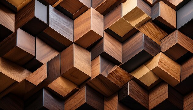 a geometric wooden tile pattern featuring interlocking cubes in shades of brown beige and black creating a 3d optical illusion
