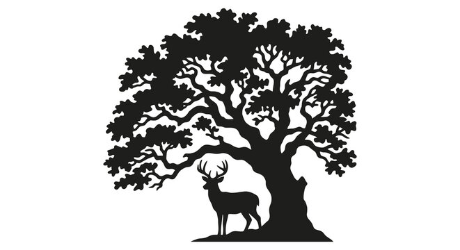 Oak tree and deer silhouette against a white background