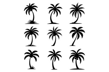 Naklejka premium Collection of nine detailed palm tree silhouettes in various styles with tree silhouette tropical plant palm icon palm leaf