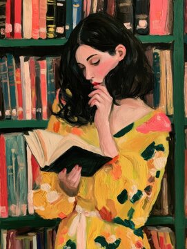 oil painting of young dark haired woman reading book in library, vintage aesthetic portrait, yellow dress floral pattern, bookshelf background, thoughtful brunette reading art illustration artwork
