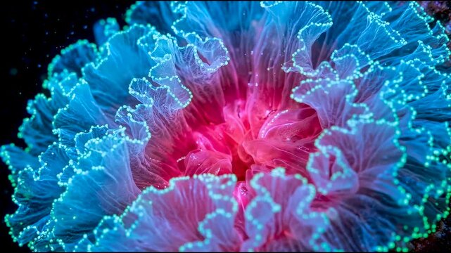 Macro close-up of a glowing translucent lace sea anemone, vibrant neon blue and pink bioluminescent marine life, underwater deep sea coral reef and abstract nature concept