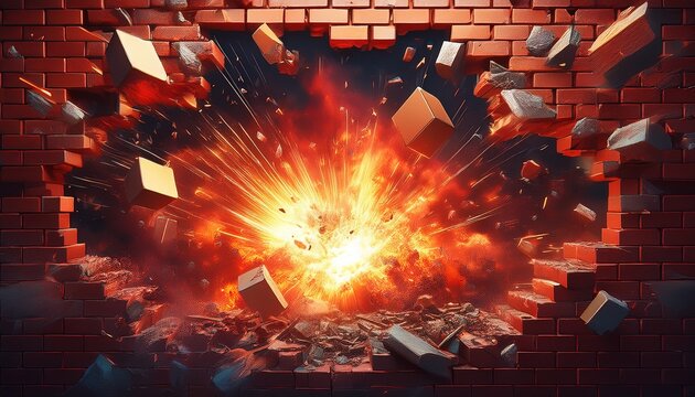 a massive explosion breaking through a red brick wall sending fiery sparks and debris flying in a chaotic scene
