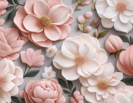 a seamless pattern of blush pink and white flowers on a light grey background