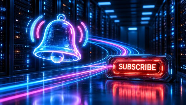 Glowing neon subscribe button and notification bell icon with light trails in modern futuristic server room