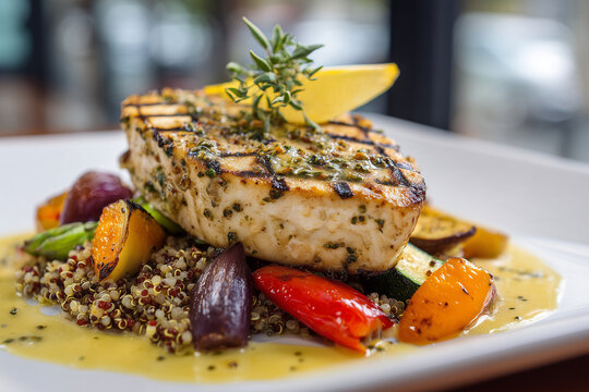 Gourmet grilled swordfish steak with lemon herb sauce, roasted vegetables and quinoa, elegant modern plate, bright natural window light, premium healthy seafood photography, photorealistic, no people