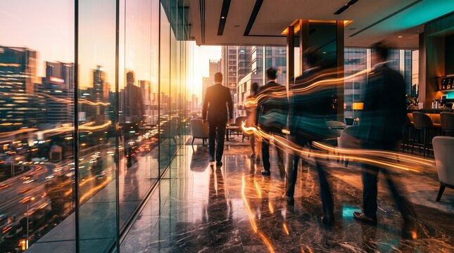 Professionals Walking Inside Warm Corporate Lounge At Sunset Evening