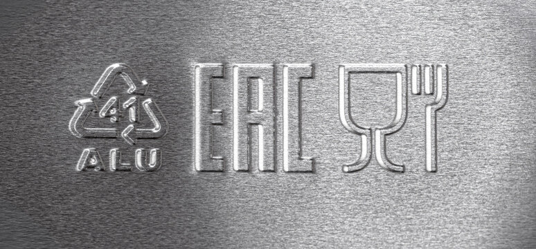 Aluminum packaging with recycling, eac, and food safe symbols