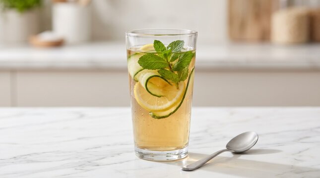 Refreshing iced herbal tea with cucumber ribbons, lemon slices, and fresh mint sprigs in a tall glass on a white marble kitchen counter, depicting healthy summer drink