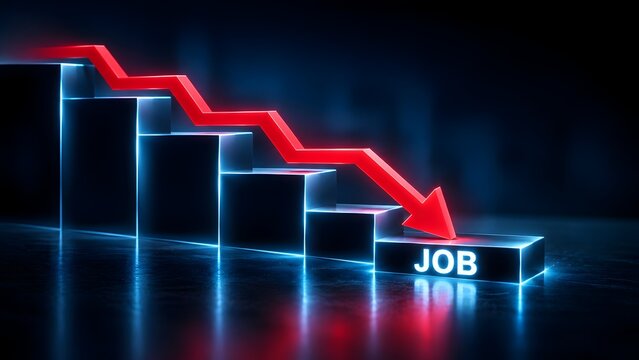 Falling red trend line arrow on downward glowing blue bar chart crashing onto job text concept of economic crisis and unemployment