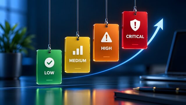 Business risk assessment priority levels with low medium high critical hanging tags and upward growth arrow in modern dark office