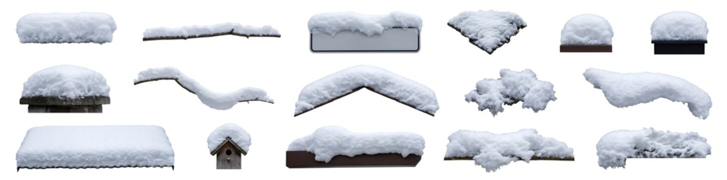 A collection of different surfaces covered in snow is shown against a simple white background. The snowy surfaces vary in shape and size. This display reflects a winter theme