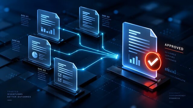 Digital document approval workflow concept with glowing holographic files and validation checkmark on dark futuristic corporate dashboard
