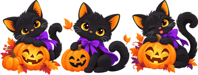 Obraz premium Cute black Halloween cats with purple bows and smiling pumpkins autumn leaves isolated on transparent background
