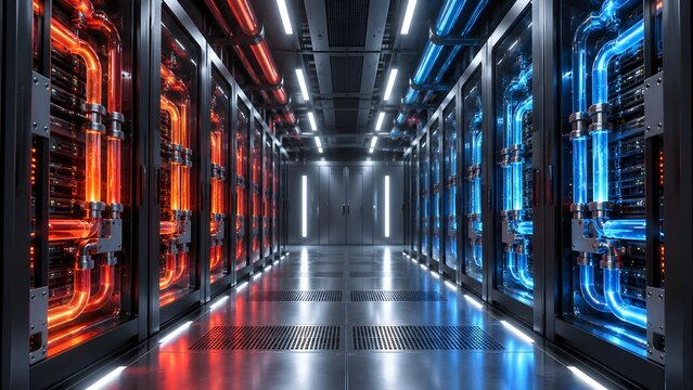 Advanced liquid cooled data center server room with glowing red and blue thermal pipes representing temperature control and high performance computing