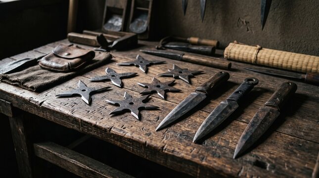Traditional Japanese ninja weapons and shuriken placed on vintage wooden workbench depicting ancient martial arts craftsmanship and stealth equipment