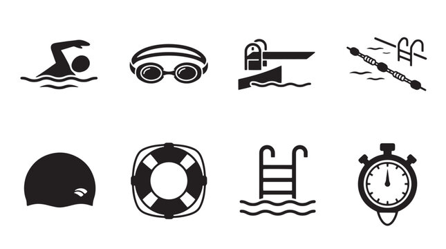 Set of black swimming and pool equipment icons including swimmer, goggles, diving board, lane rope, cap, lifebuoy, ladder and stopwatch for sports and leisure design on transparent background