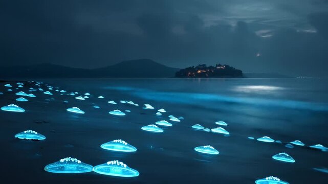 Mysterious glowing disc-shaped objects on a dark sandy beach at night, reflecting in the water with an illuminated island in the distance.