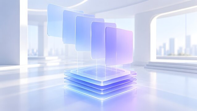 Bright modern abstract data structure concept with floating purple and blue transparent squares over a glowing pedestal in a white room