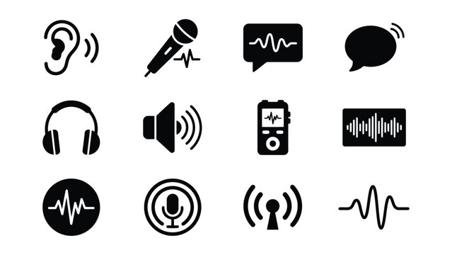 Collection of audio recording and sound communication icons with transparent background