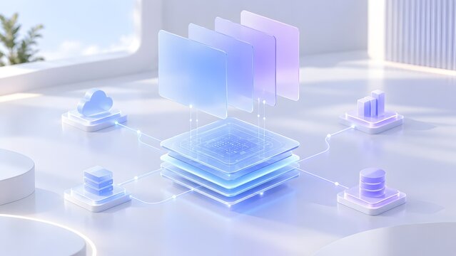 Cloud computing integration concept with floating transparent blue square panels connecting to database and server icons on white background