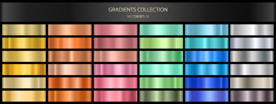 Set of colored, metallic gradients. Metallic gradient effects for the design of text and bulletin boards, infographics. Vector EPS 10.