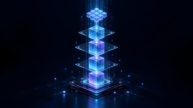 Glowing blue holographic data cubes transforming into a single block representing data integration and cloud storage solutions