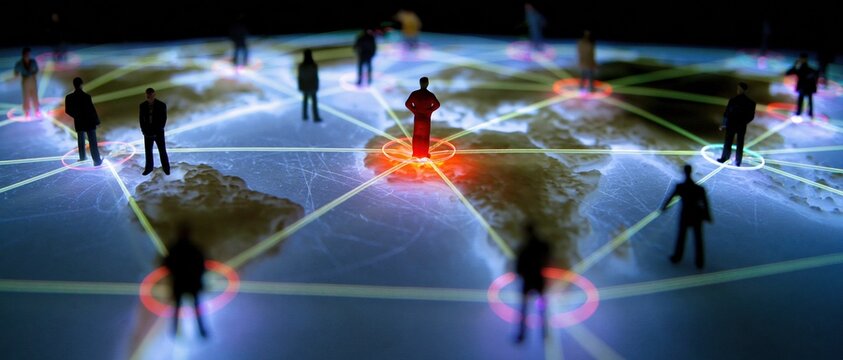 World map table with small human figures linked by glowing fiber paths, featuring a luminous blue surface for global communication and data exchange