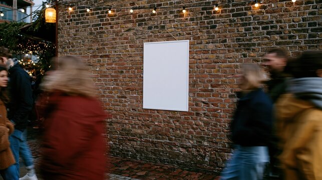 Blank poster mockup on a textured brick wall in a buzzing night market, featuring glowing golden lights and blurred passersby for branding and advertising