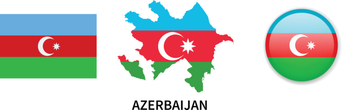 Azerbaijan flag, map and 3D glass button