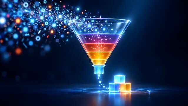 Glowing 3d digital marketing sales funnel filtering colorful data particles into solid blocks representing lead generation and conversion