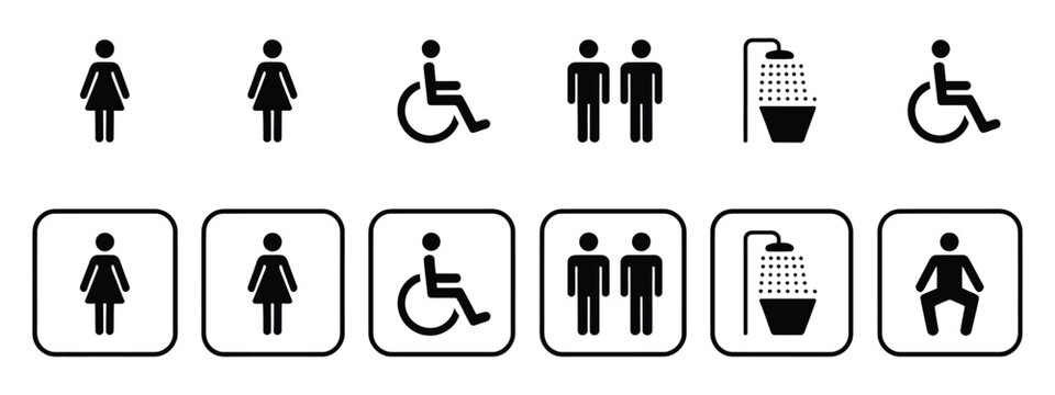 Toilet vector icon set featuring male and female restroom symbols, wc signs, bathroom facilities, public toilet signage, accessible wayfinding, and sanitary symbols, EPS 10 vector.  