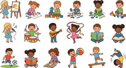 Fototapeta premium Cute multiracial children preschool hobby and classroom activities vector icon bundle with kids painting playing music reading and sports