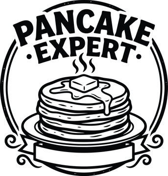Vintage Pancake Expert logo vector, retro breakfast badge with hot pancake stack and butter, black and white food emblem for kitchen apparel