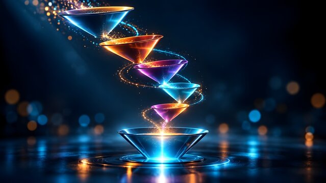 Abstract 3d glowing funnel steps with swirling light trails representing magic energy and creative conversion process