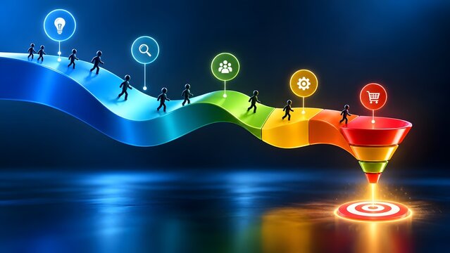 3D customer journey path leading into a colorful sales funnel with walking people and targeting bullseye for conversion strategy