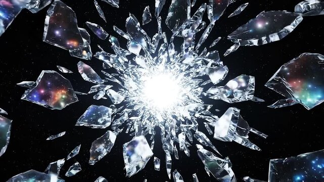 Abstract silver glass shattering and exploding in slow motion