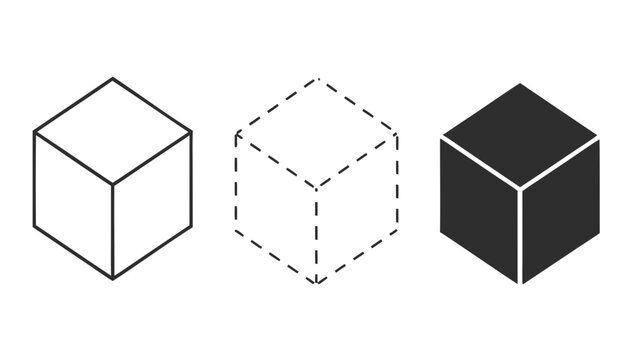 Three cube illustrations including solid outline and dashed wireframe styles