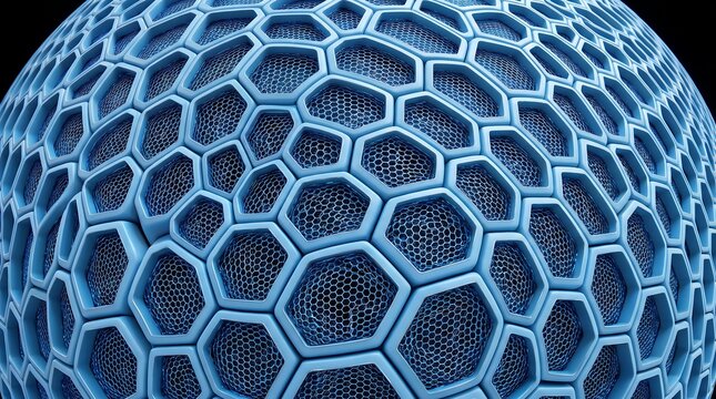 Abstract blue spherical structure with a repeating hexagonal honeycomb pattern