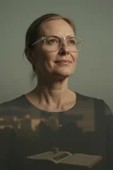 Elegant woman wearing glasses in a creative portrait with soft architectural reflections across her face and clothing, combining modern professionalism, lifestyle and urban atmosphere © Michael