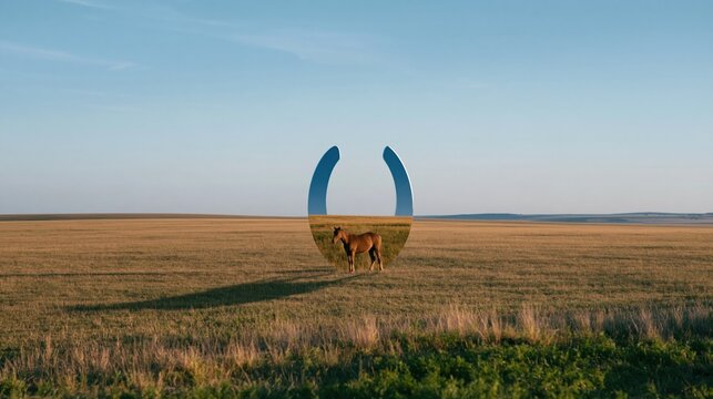 Horse grazing in a sunlit meadow seen through a floating horseshoe portal on a vast plain, dreamy scenery for equestrian tourism and copy space