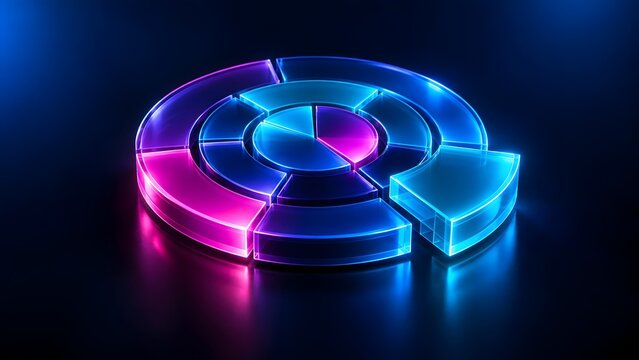 Abstract 3d glowing neon circular pie chart made of glass segments on dark reflective background for business data analytics